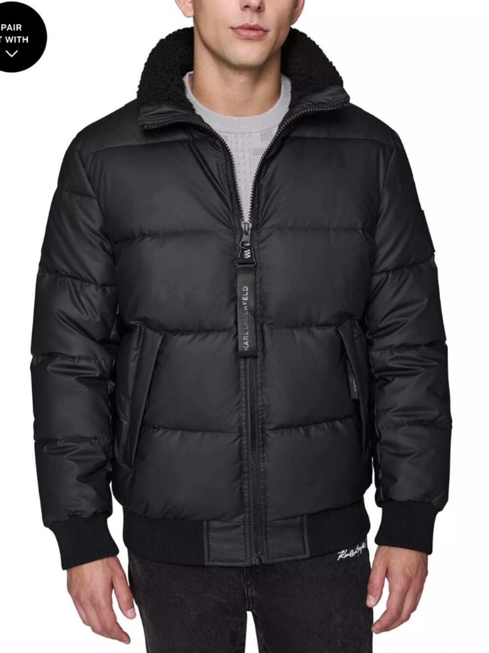 Karl Lagerfeld Black Sherpa Lined Stand Collar Puffer Jacket in Medium